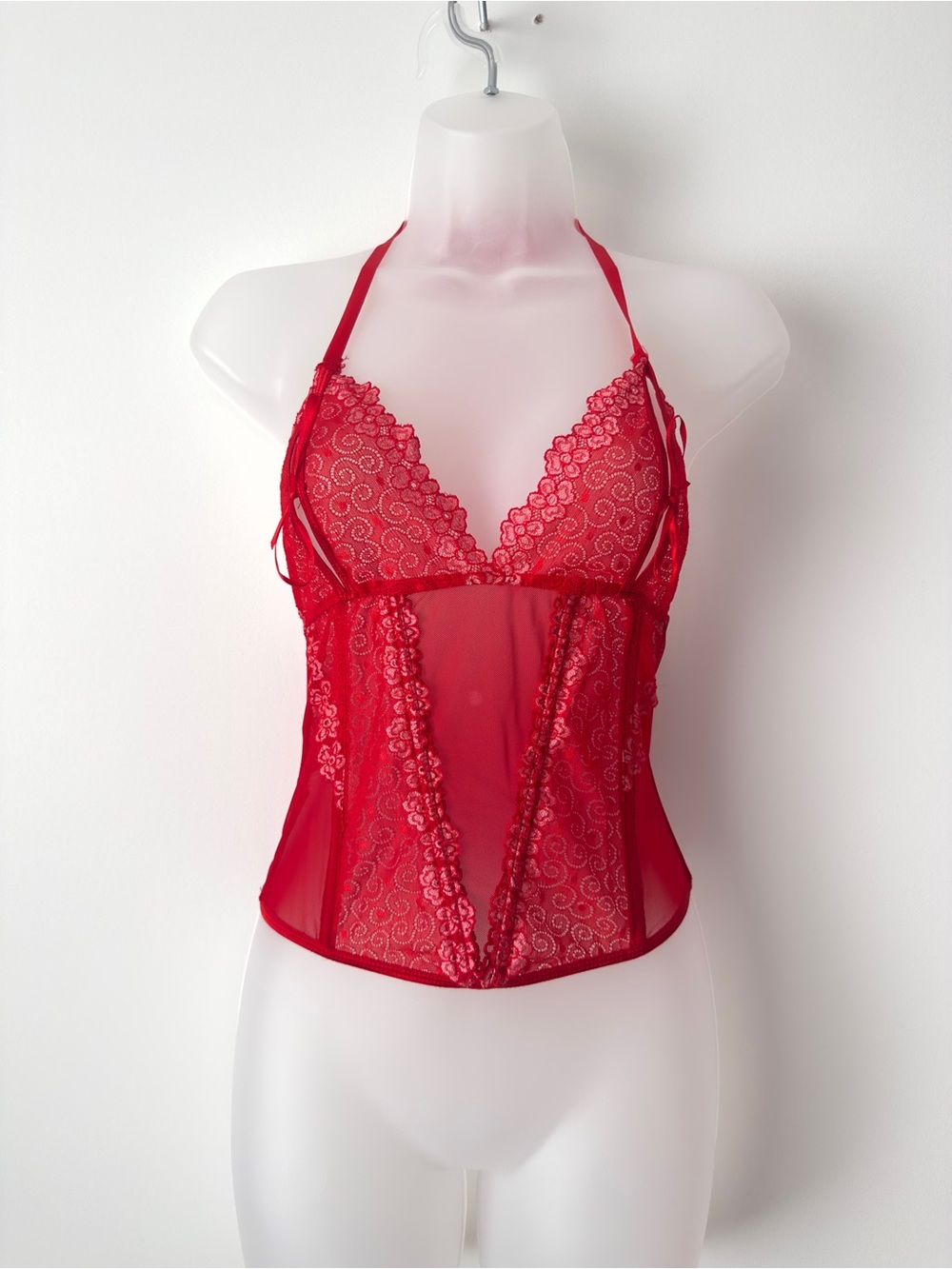 red lace corset halter top with bows